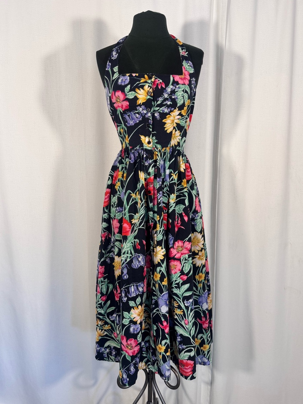 Vintage Together Black Floral Cotton Halter Midi Dress
